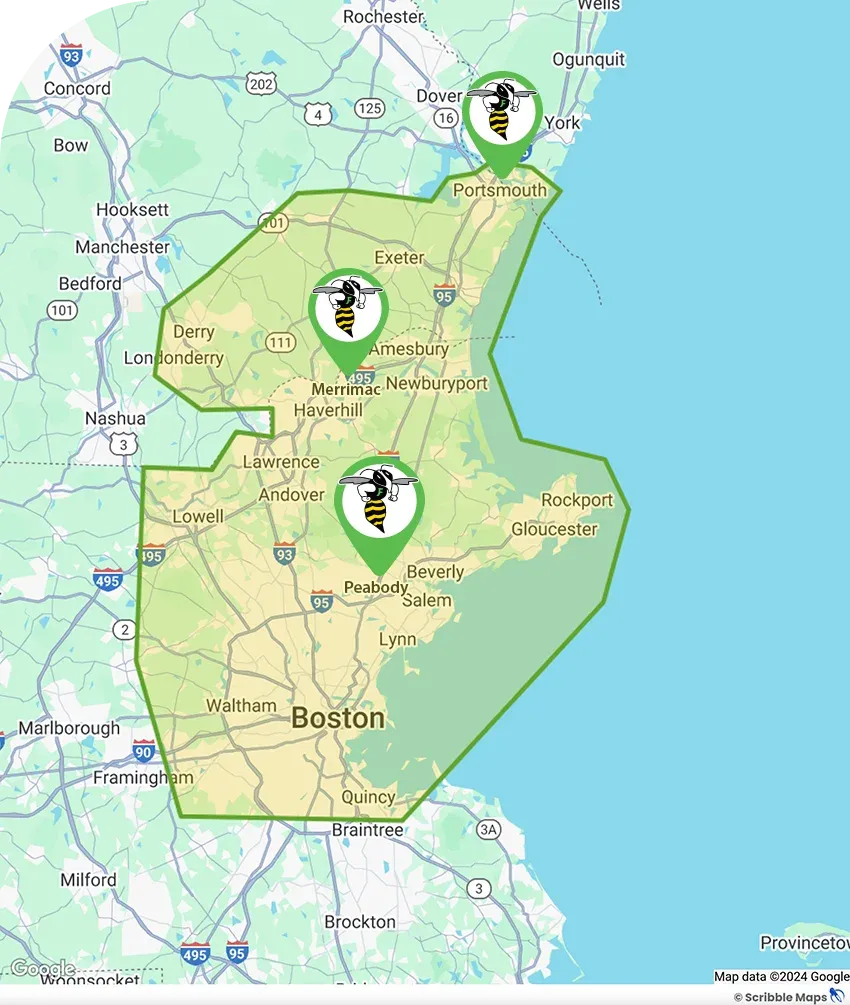 Freedom Pest Control Service Area Map New Hampshire and Massachusetts